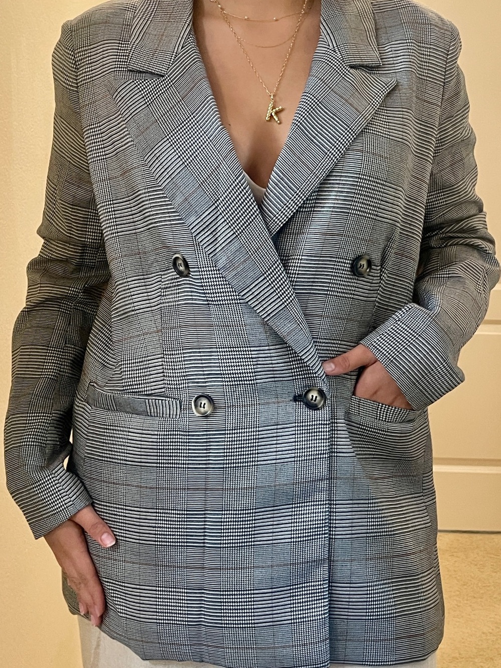 Aqua Gray Glen Plaid Double-Breasted Blazer